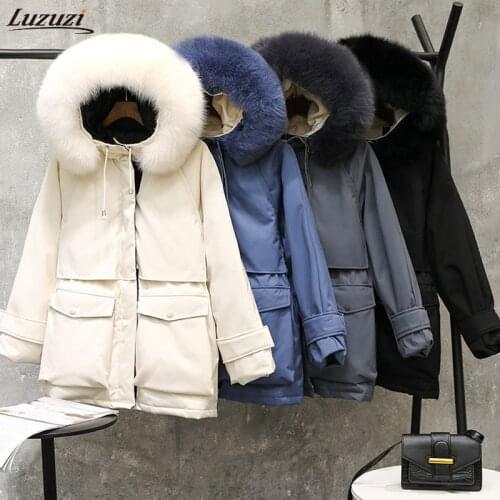 Luzuzi Large Natural Raccoon Fox Fur Hooded Winter Down Coat Women 90% White Duck Down Jacket Thick Warm Parkas Female Outerwear