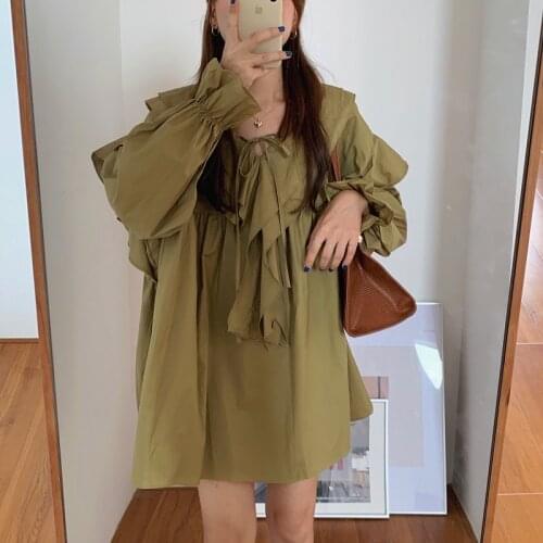 Alien Kitty Sweet Doll Dress Korean Style 2020 New Autumn Dress Elegant Fashion Solid Ruffles Long Sleeve Sweet Dresses Vestidos