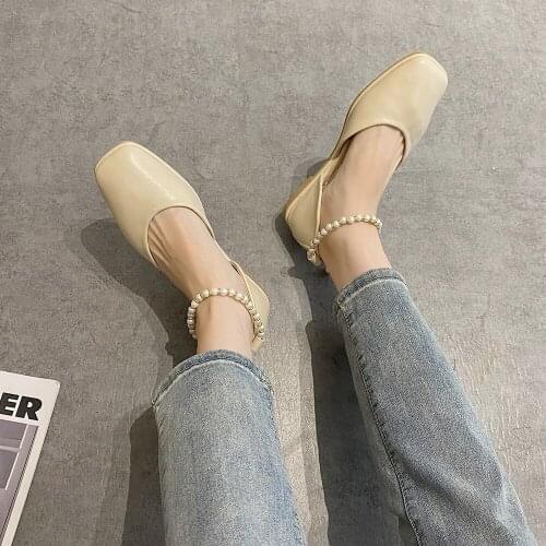 Sandals Female Shoes Woman Pearl Ankle Wrap Shoes 2021 Summer New Fashion Simple Word Flat Heel Temperament Soft Soles