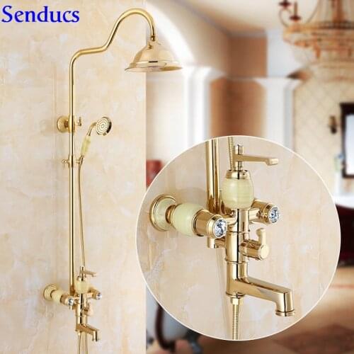Senducs One Set Gold Shower Set With Brass Rose Gold Bathroom Shower Faucet For Fashion Rainfall Top Spray Bath Shower Sets