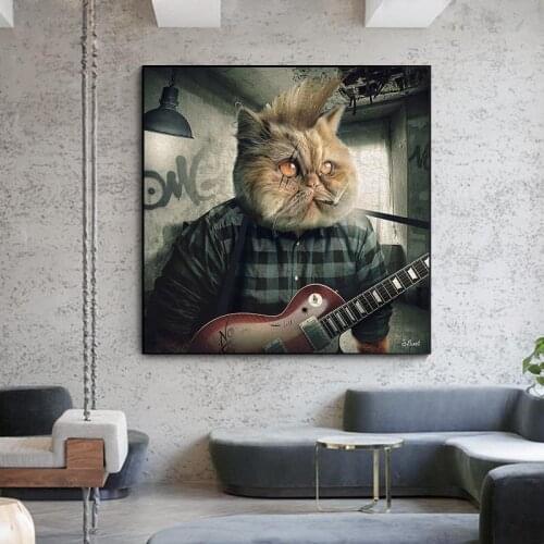 Modern Style Cat Playing Guitar Canvas Painting Posters and Cat Smoking Cigar Prints Wall Pictures for Living Room Decoration
