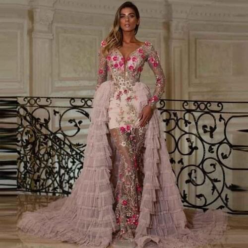 Floral Flower Mermaid Evening Dresses with Detachable Train V Neck Long Sleeve Beaded Sequined See Through Skirt Celebrity Gown