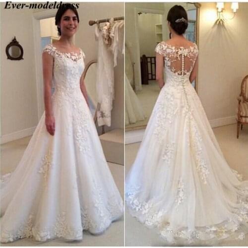 Vintage Wedding Dresses 2020 Cap Sleeves O-Neck Button Back Sweep Train Lace Appliques Bridal Gowns Plus Size Vestido De Noiva