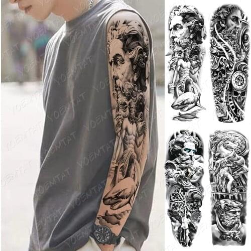 Waterproof Temporary Full Arm Tattoo Sticker Zeus Ancient Greek Poseidon Black Flash Tatoo Man Body Art Fake Sleeve Tatto Female