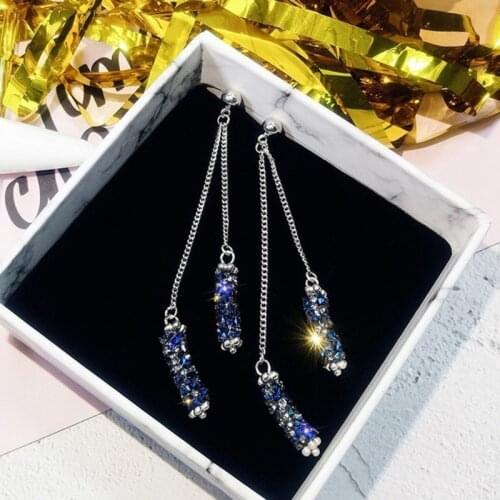 Women Long Earrings 2021 Korea Silver Chain Tassel Full Crystal Bar Drop Earring For Girl Fashion Jewelry Brincos Gift Oorbellen