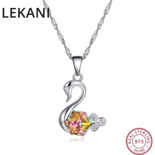 LEKANI Crystals From SWAROVSKI Colorful Swan Pendant Necklaces Fashion Real S925 Silver Chain Collares For Women Party Wedding
