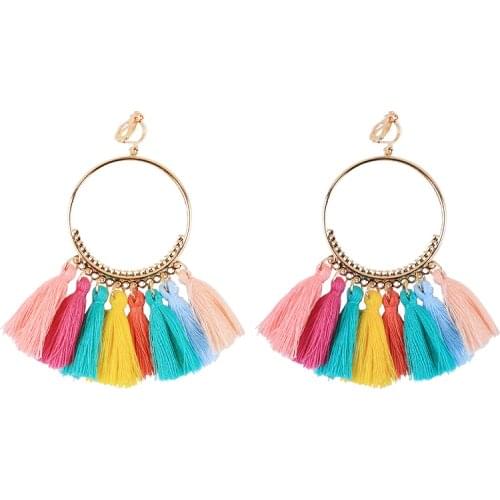 Bohemian Long Tassel Clip On Earrings No Pierced for Women Vintage Round Trendy Cotton Rope Fringe 2018 Fashion Jewelry Ear Clip