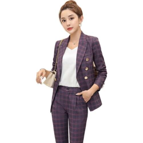 Autumn new fashion temperament professional decoration body plaid long-sleeved suit nine points pants British style female suit