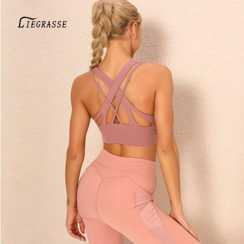 2021 Woman Sports Bra Push Up Tops For Women Gym Pink Brassiere Sport Bra Criss Cross Crop Top Female Pink Yoga Bra