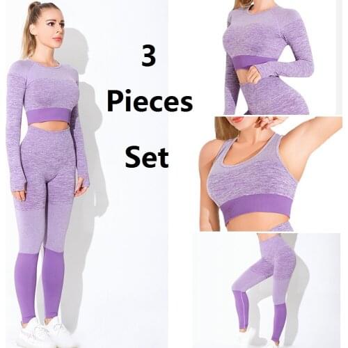 3 Pieces Yoga Set Seamless Fitness Women Yoga Suit Padded Sports Bra High Waist Sports Legging Long Sleeve Top Workout Set