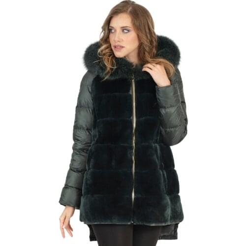 Modaqueen store women orylag rex rabbit fur puff fabric coat accessorized with fox fur with hooded