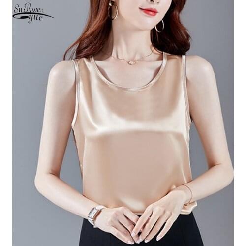 2021 New Round Neck Wild Satin Sleeveless Blouse Women Casual Loose Solid Women Shirt Bottoming Tops Clothing Blusas Mujer 9559