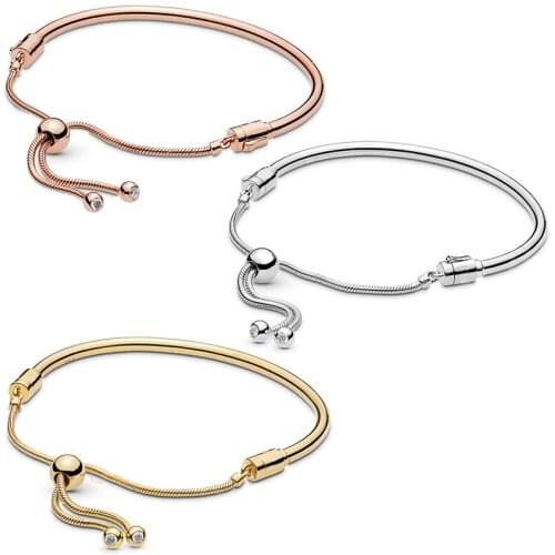Fashion Classic Sterling Silver s925 Rose Gold Shine Sliding Bracelet DIY Charm Original Female Jewelry Birthday Engagement gift