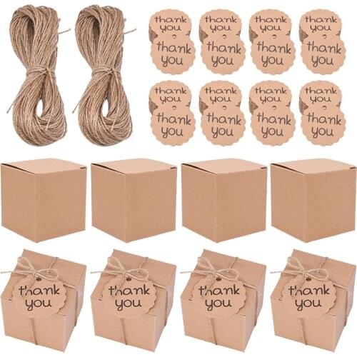 10/20/50pcs Paper Pillow Candy Box Kraft Paper Square Candy Box With Thank You Tag For Baby Shower Birthday Wedding Party Decor