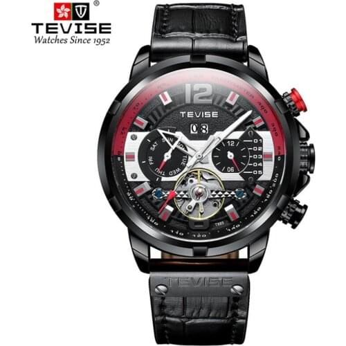 TEVISE Mens Watches Top Brand Luxury Military Watches Sports Tourbillon Mechanical Wrist Watch Waterproof Leather Male Clock