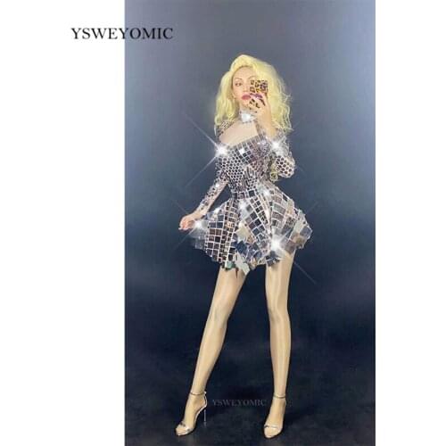 Women Party Dancer Dress Sparkly Silver Sequin Spandex Short Dress Birthday Celebrate Mirror Outfit Bar Prom Women Dance Apparel
