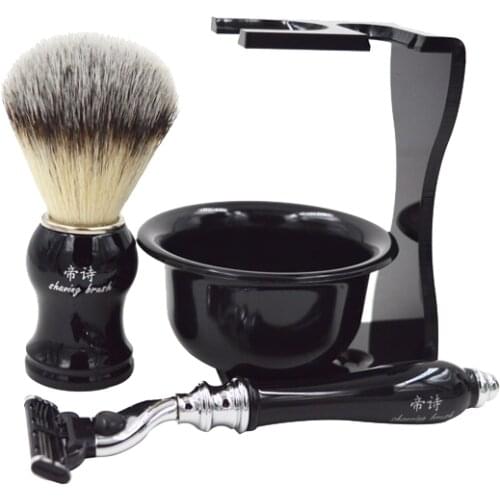 Classic shaving gift set with synthetic hair brush triple blade razor brush stand razor holder and shaving bowl for