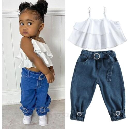 1-6Years Fashion Kids Girls Clothing Set Summer Children Ruffles White Layered Chiffon Tops Vest+Belt Denim Pants Casual Outfits