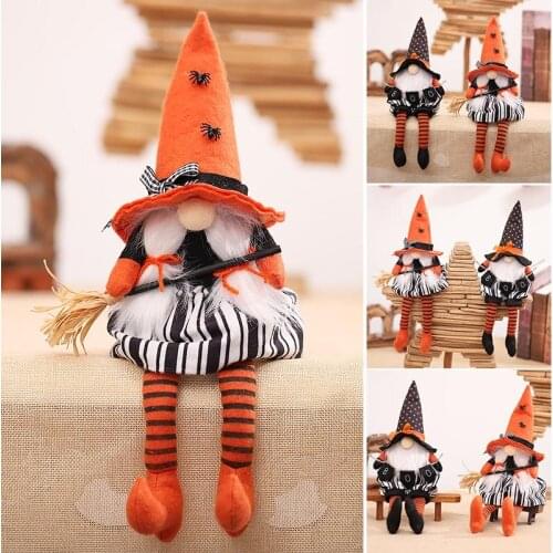 Halloween Faceless Doll with Broom/Banner Long Legged Dwarf Doll Creative Home Holiday Desktop Ornaments Decor H88F