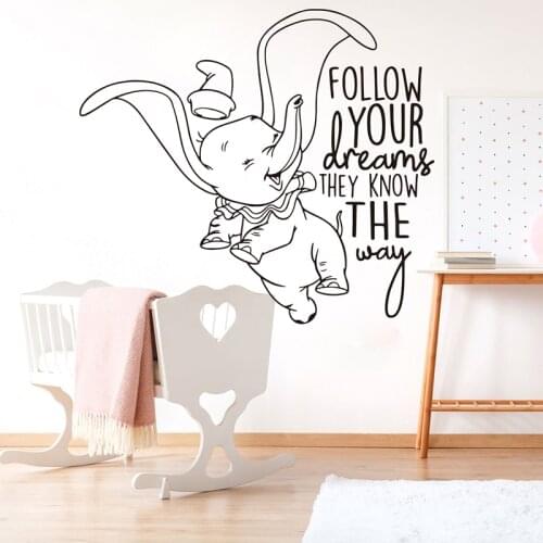 Cartoon Elephant Dumb Follow Dreams Wall Sticker Kids Room Nursery Elephant Dumo Animal Inspirational Quote Wall Decal Bedroom