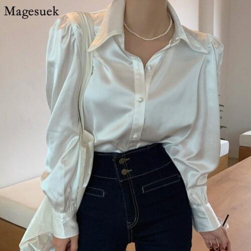 Spring New Loose Solid Blouse Women Puff Sleeve Satin White Women Shirts Blouses Casual Button Up Shirt Tops Female Blusas 12635