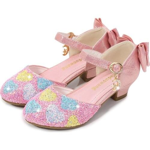 2021 Girls Dance Shoes Children Leather Shoes Princess High-Heel Wedding Party Autumn Spring Kids Shiny Bow Pink Footwears 26-38