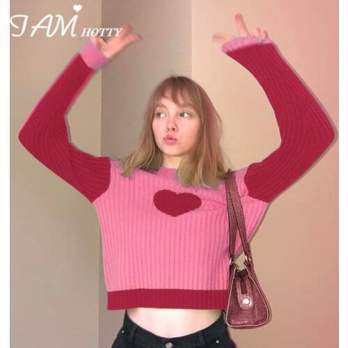 Harajuku Thin Sweater Women Autumn y2k Knitted Pullovers Cute Heart Patchwork Sweaters Long Sleeve Tops Retro Knitwear Iamhotty