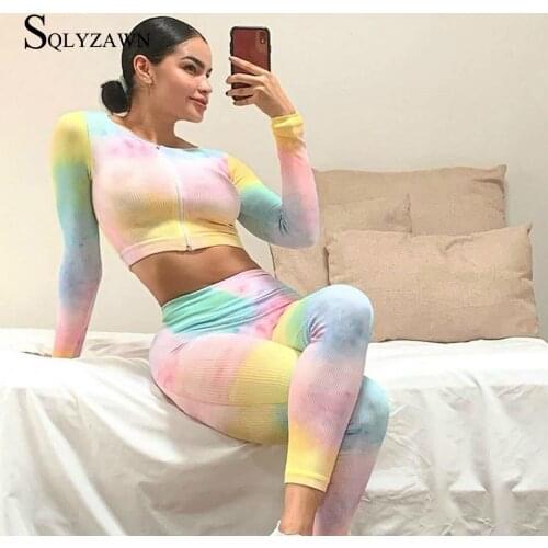 Rainbow Printed Long Sleeve Zipper Top Fitness Leggings Suit Workout Clothes for Women Skinny Crop Tops and Pants Matching Set