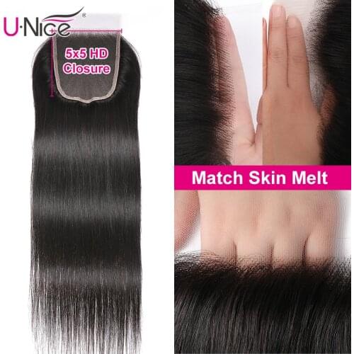 Unice Hair Deep Parting 5x5 HD Lace Closure Straight Peruvian Virgin hair Pre-plucked undetectable Skin Melt Lace Closure Invisi