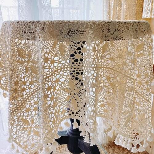 Tiyana French Pastoral Style Crochet Tassel Tablecloth Lace Hollow Tea Table Cloth Bedside Table Dust Cover Towel AG009#4