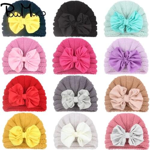 Powmuco 16*13 CM Handmade Knitted Wool Infant Hats Solid Color Striped Crochet Baby Girls Caps Cute Bowknot Headwear Photo Props