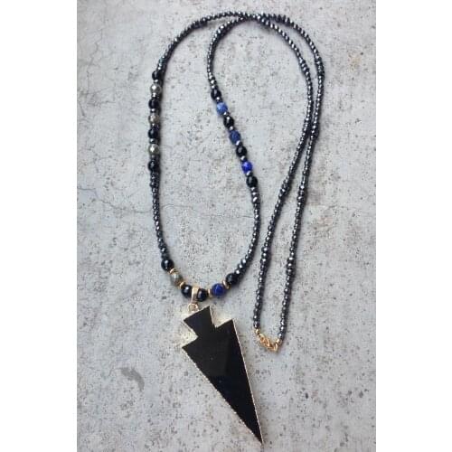 YA2372 Black Onyx Agat Arrow Shape Pendant Stone Beads Handmade Necklace 30inch