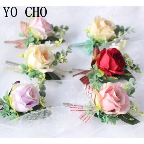YO CHO Wedding Flower Bride Wrist Corsage Bracelet Groom Boutonniere Brooch Silk Rose Man Suit Prom Party Decor Photography Prop