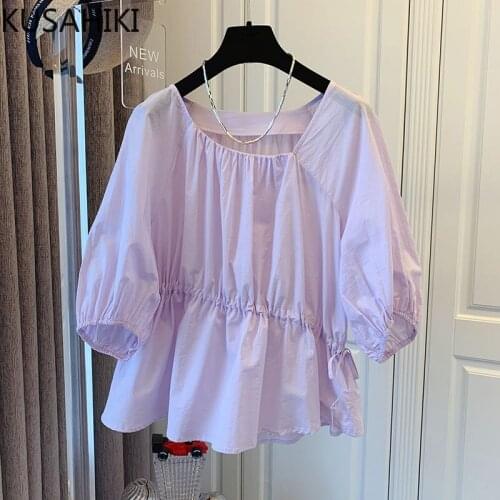 KUSAHIKI Korean Skew Collar Puff Sleeve Womens Tops Causal Shirring Irregular Ruffle Blusas Shirt Sweet 2021 New Blouses 6H812