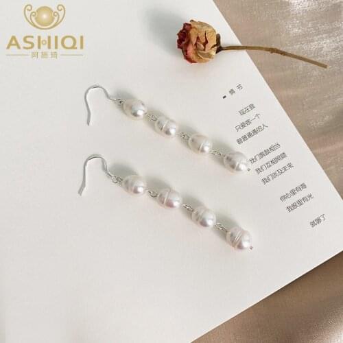 ASHIQI Natural Freshwater Pearl Long Earrings 925 Sterling Silver Jewelry for Women Gift 2021 New