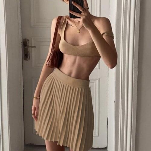 2021 Summer Two Piece Sets Women Solid Casual Skirts 2Pcs Sets Sleeveless Crop Tops and Short Pleated Skirt