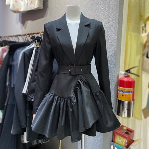 Fashion Designer 2021 Autumn Suit Dress Women Black Office Lady Ruffles Patchwork with Belt elegant Dresses