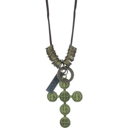 Saint Benedict Medal Cross Pendant Necklaces Antique Adjustable Leather Chain Necklace for Men Choker Religious Statement Gift