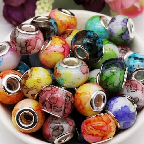 10Pcs New Glossy Smooth Glass Round Large Hole European Beads Charms Spacer Fit Pandora Bracelet Bangle for Jewelry Making DIY