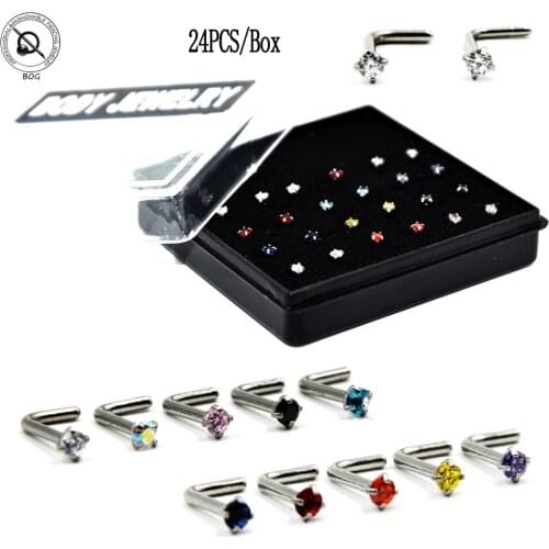 24PCS/Box Stainless Steel 90 degree Round CZ Gem L shape nose ring Charming10 Color Mixed Crystal Screw Nose Bone Body Retainers