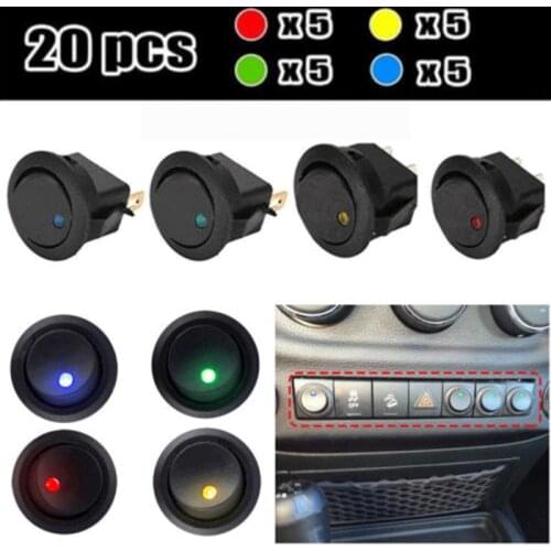20Pcs/Set Car Waterproof LED Light Luminescence Toggle Switches ON/OFF 12V Round Rocker Dot Switch Multi LIght Colors