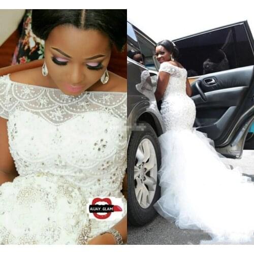 African Nigeria Mermaid Wedding Dresses Off Shoulder Crystal Beaded Tiered Ruffles Court Train Custom Plus Size Formal Bridal