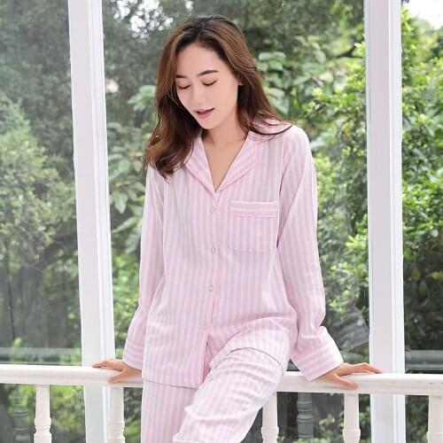 Promotion Spring Women Long Home Wear Striped Pajamas Turn-down Collar Sexy Home Clothes Long Sleeve Loungewear Pink Pijamas