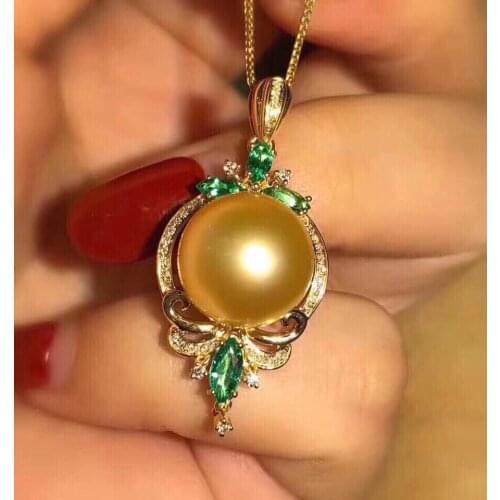 Fine Jewelry 925 Sterling Silver 1030 Natural Ocean Golden Pearl 10mm Pendant Necklaces for Women FIne Pearls Pendants