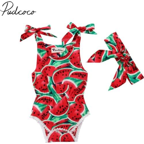 2018 Brand New 0-24M Summer Newborn Toddler Baby Girls Romper 2PCS Sleeveless Watermelon Print Elastic Waist Jumpsuit +Headband