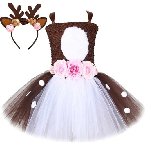 Flowers Deer Costume for Girls Reindeer Christmas Tutu Dress Kids Halloween Costumes Baby Girl Clothes Children Birthday Outfits