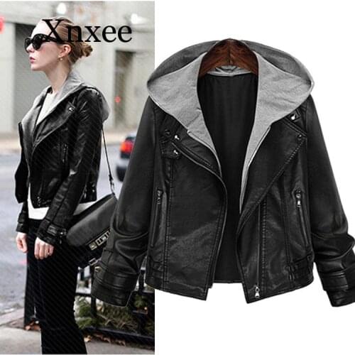 Black gray punk elegant Womens pu Leather Jacket Large Size Female Thin Hooded Long-sleeved Leather Women Short Coat short