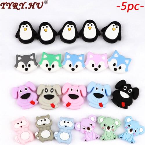 TYRY.HU 5pc New Cartoon Silicone Loose Beads Koala Penguin Fox BPA Free Baby Teething Necklace Beads For DIY Jewelry Gift Toys