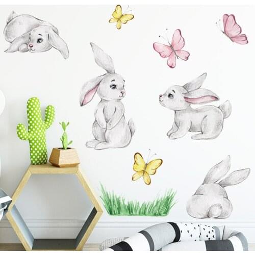 New Cartoon Rabbit Butterfly Wall Sticker Bedroom Porch Commercial Wall Background Beautification Room Decor Aesthetic Wallpaper