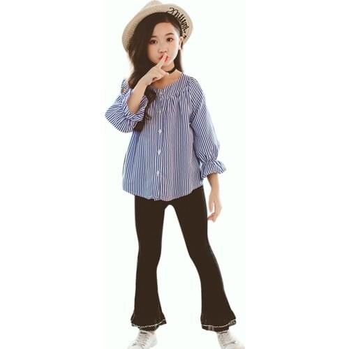 Girls Clothes Striped Suit For Girls Blouse + Pants Teenage Clothes For Girls Flare Sleeve Childrens Clothing 6 8 10 12 14